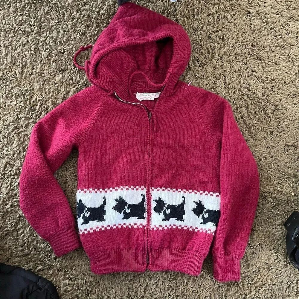 VTG 60s Handknit Double-Layer Scottie Dog Wool Hooded Jacket Kids 4/5T